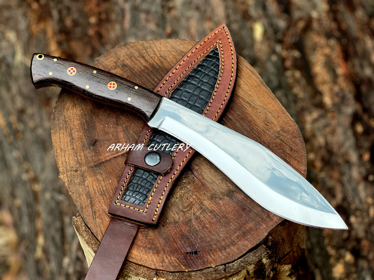 Handmade D2 Steel Hunting Knife – Mirror Polish Blade, Wenge Wood Handle with Leather Sheath - Arham Cutlery