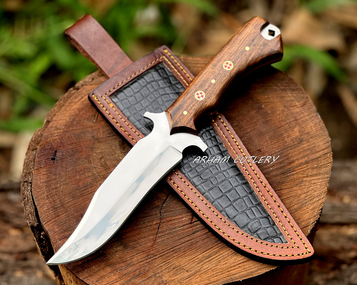 Handmade D2 Steel Hunting Knife – Rosewood Handle with Leather Sheath