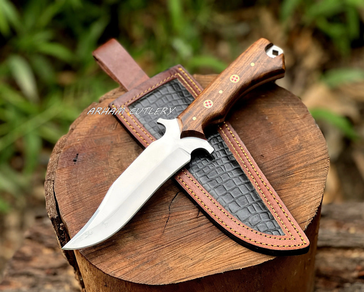 Handmade D2 Steel Hunting Knife – Rosewood Handle with Leather Sheath - Arham Cutlery