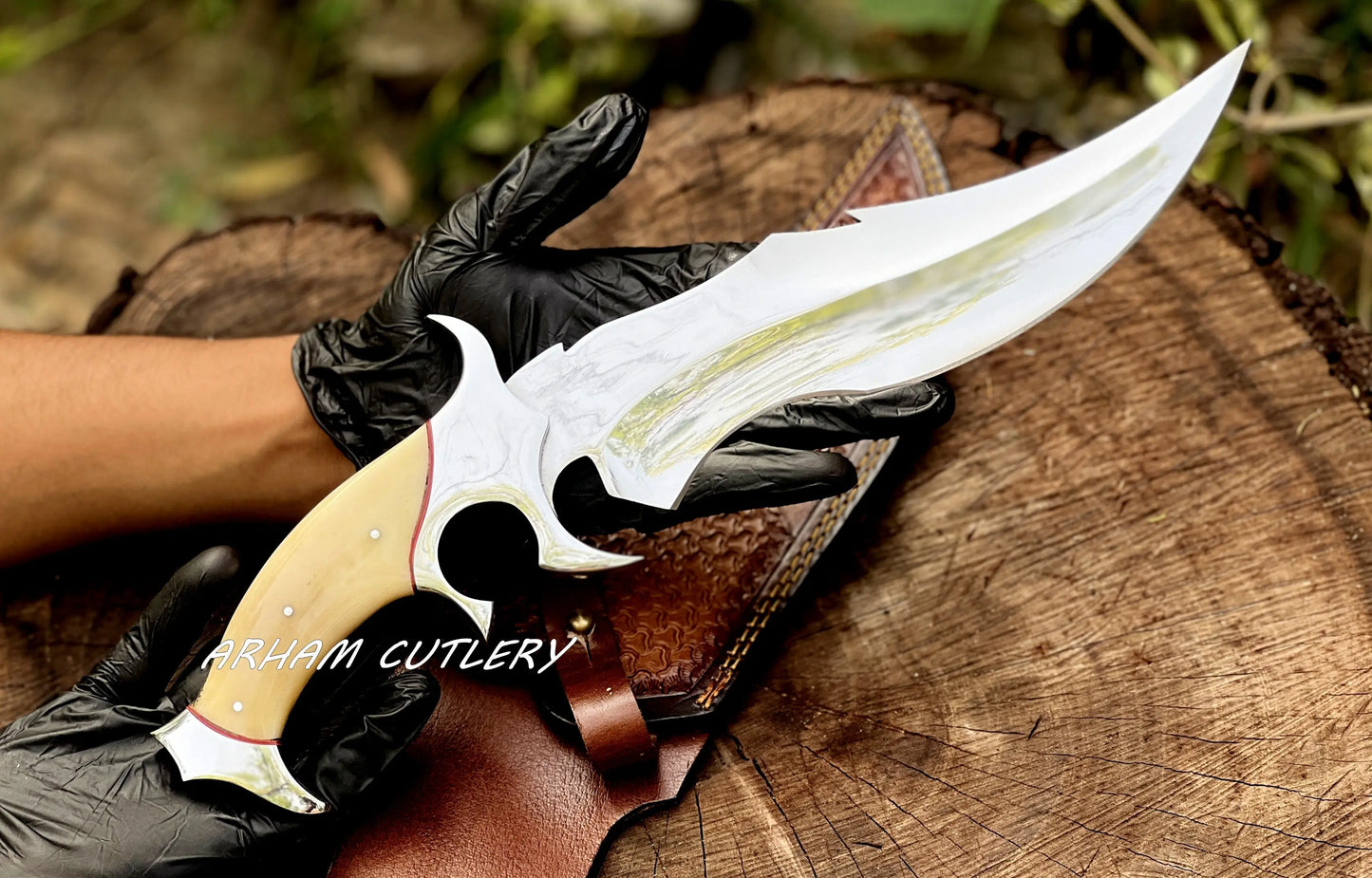 Custom Handmade D2 Steel Hunting Knife with Camel Bone Handle Steel Bolster & Leather Sheath Outdoor Camping Collectors Knife - Arham Cutlery