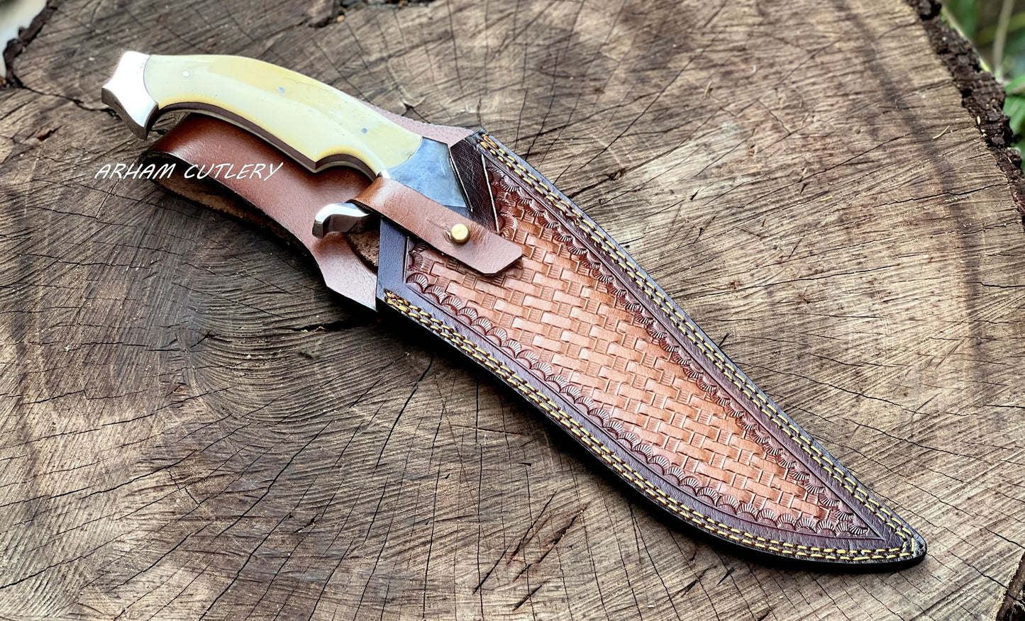 Handmade D2 Steel Hunting Knife with Camel Bone Handle & Leather Sheath - Arham Cutlery