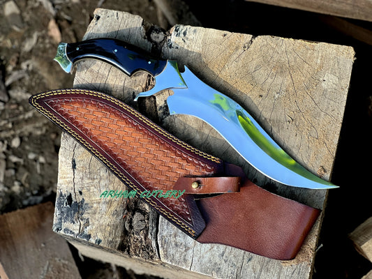 D2 Steel Hunting Knife | 15.5" Bowie Knife with Buffalo Horn Handle & Leather Sheath - Arham Cutlery