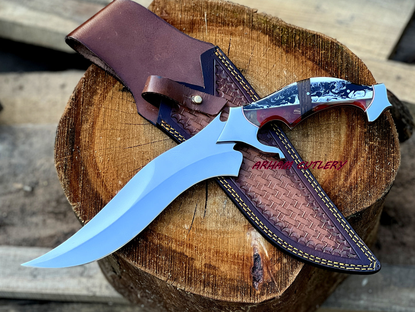 D2 Steel Hunting Knife | 15.5" Bowie Knife with Color Full Resin Handle & Leather Sheath