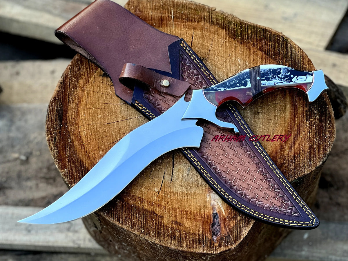D2 Steel Hunting Knife | 15.5" Bowie Knife with Color Full Resin Handle & Leather Sheath - Arham Cutlery