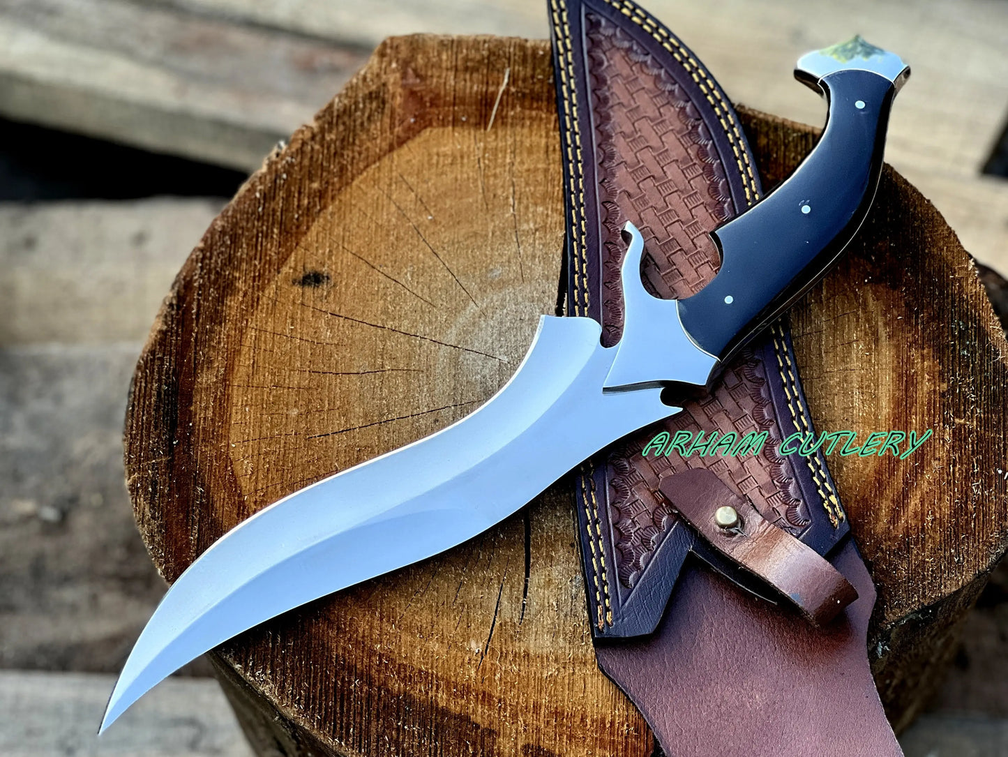 D2 Steel Hunting Knife | 15.5" Bowie Knife with Buffalo Horn Handle & Leather Sheath - Arham Cutlery