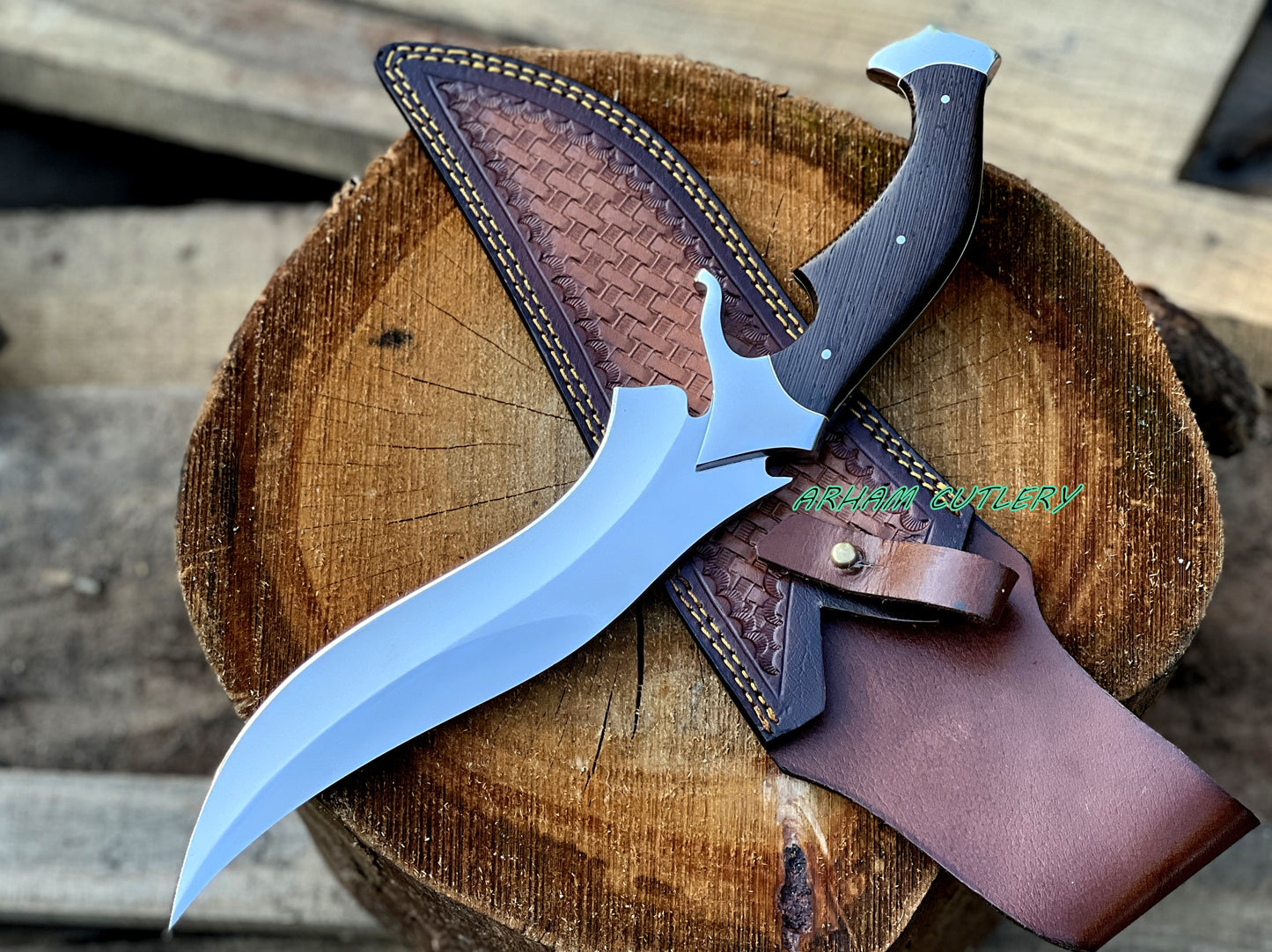 D2 Steel Hunting Knife | 15.5" Bowie Knife with Wenge Wood Handle & Leather Sheath
