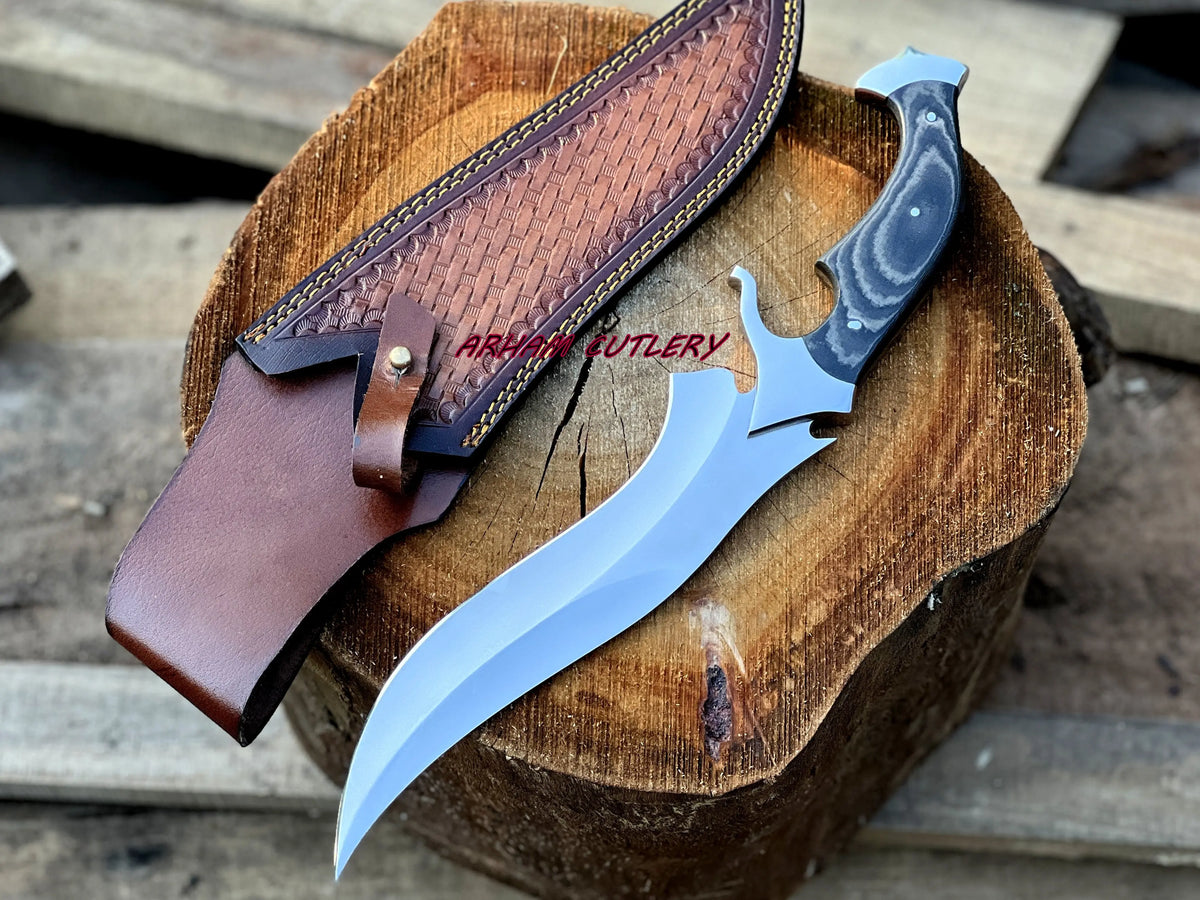 D2 Steel Hunting Knife | 15.5" Bowie Knife with Micarta Sheet Handle & Leather Sheath - Arham Cutlery