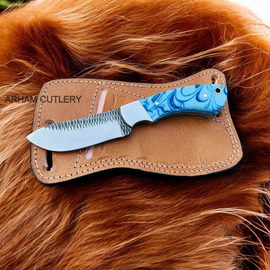 J2 Stainless Steel Rasp File Knife With Pan Cake Leather Sheath