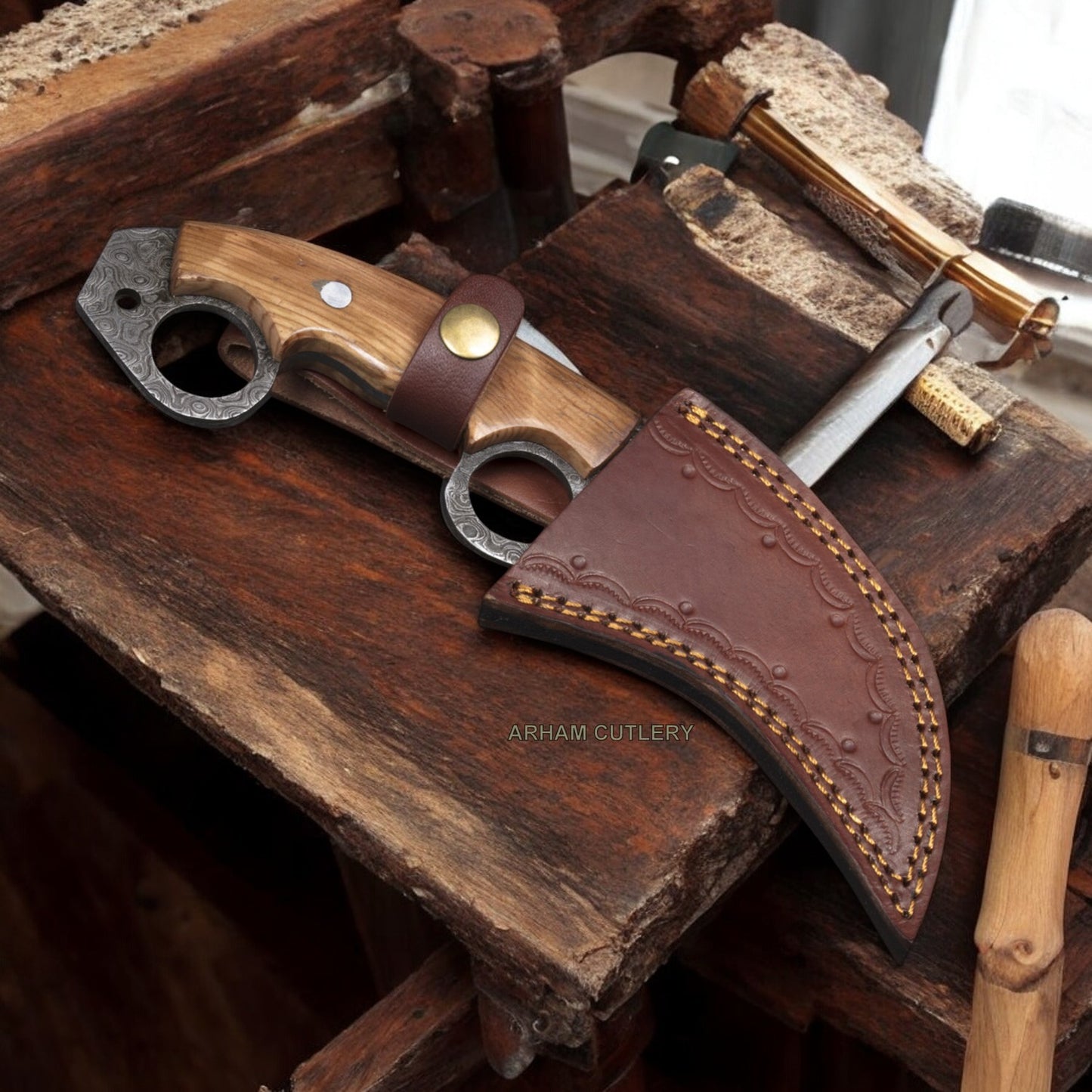 9.5" Handmade Damascus Steel Flat Grind Finger Hole Knife