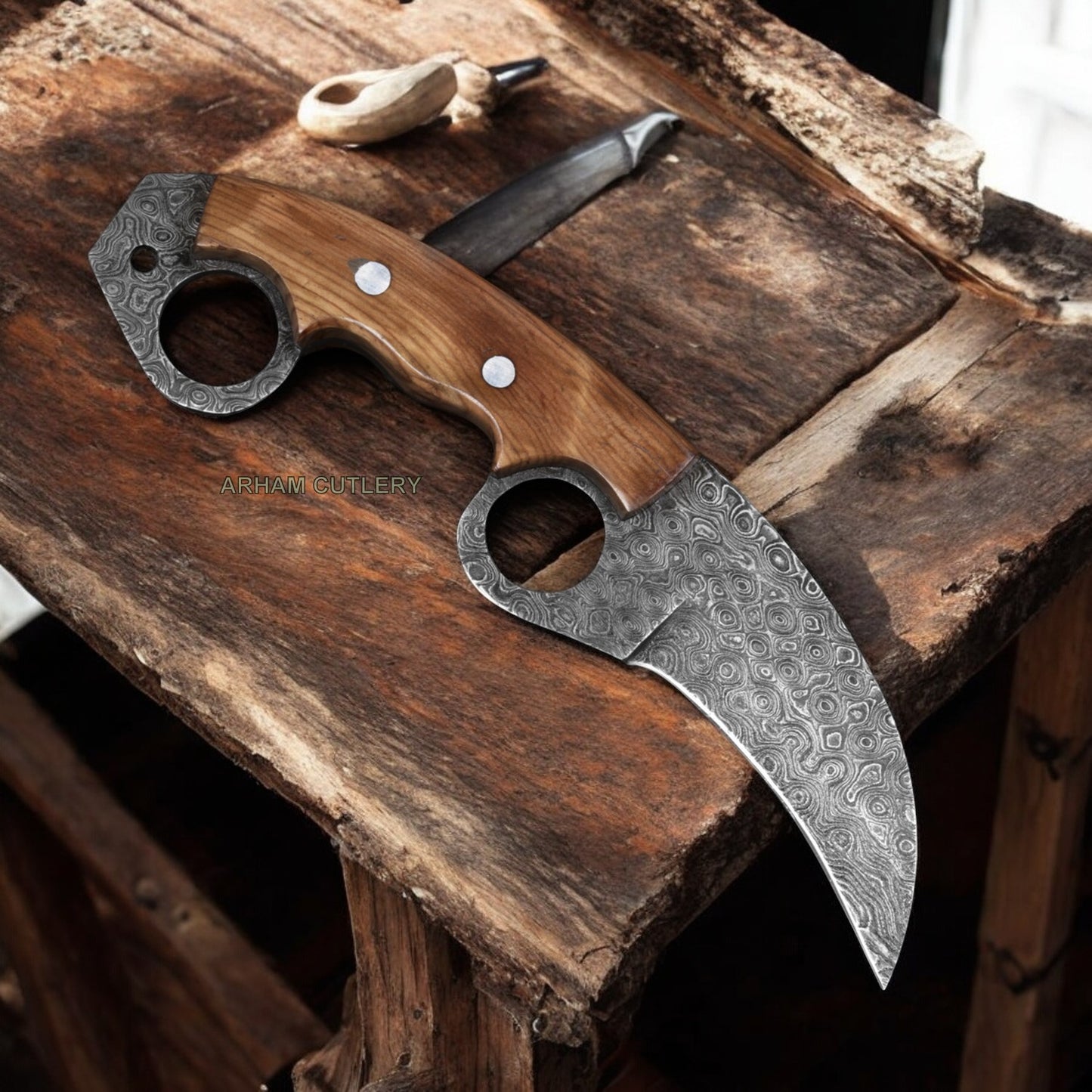9.5" Handmade Damascus Steel Flat Grind Finger Hole Knife