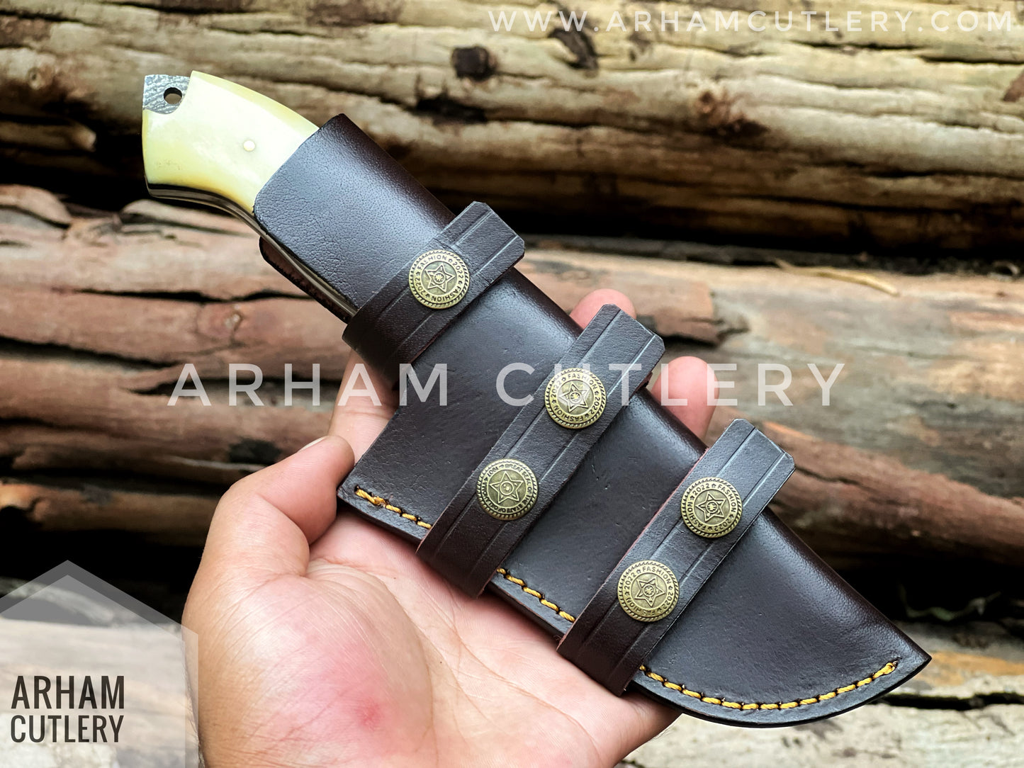 9" Damascus Steel Handmade Hunting Knife With Cowhide Leather Sheath , Arham Cutlery