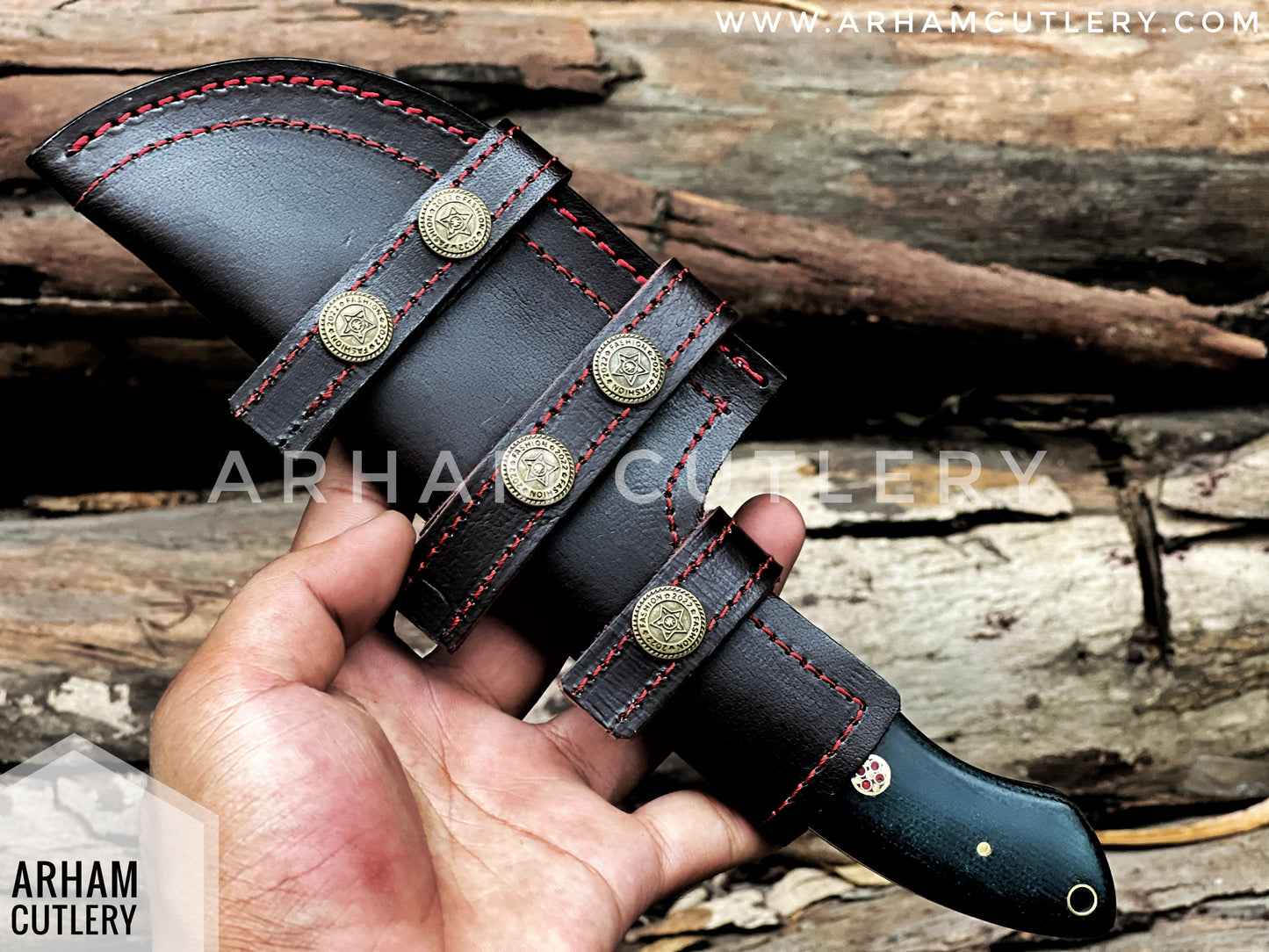 Handcrafted Damascus Steel Tracker Knife - Micarta Handle & Leather Sheath Arham Cutlery