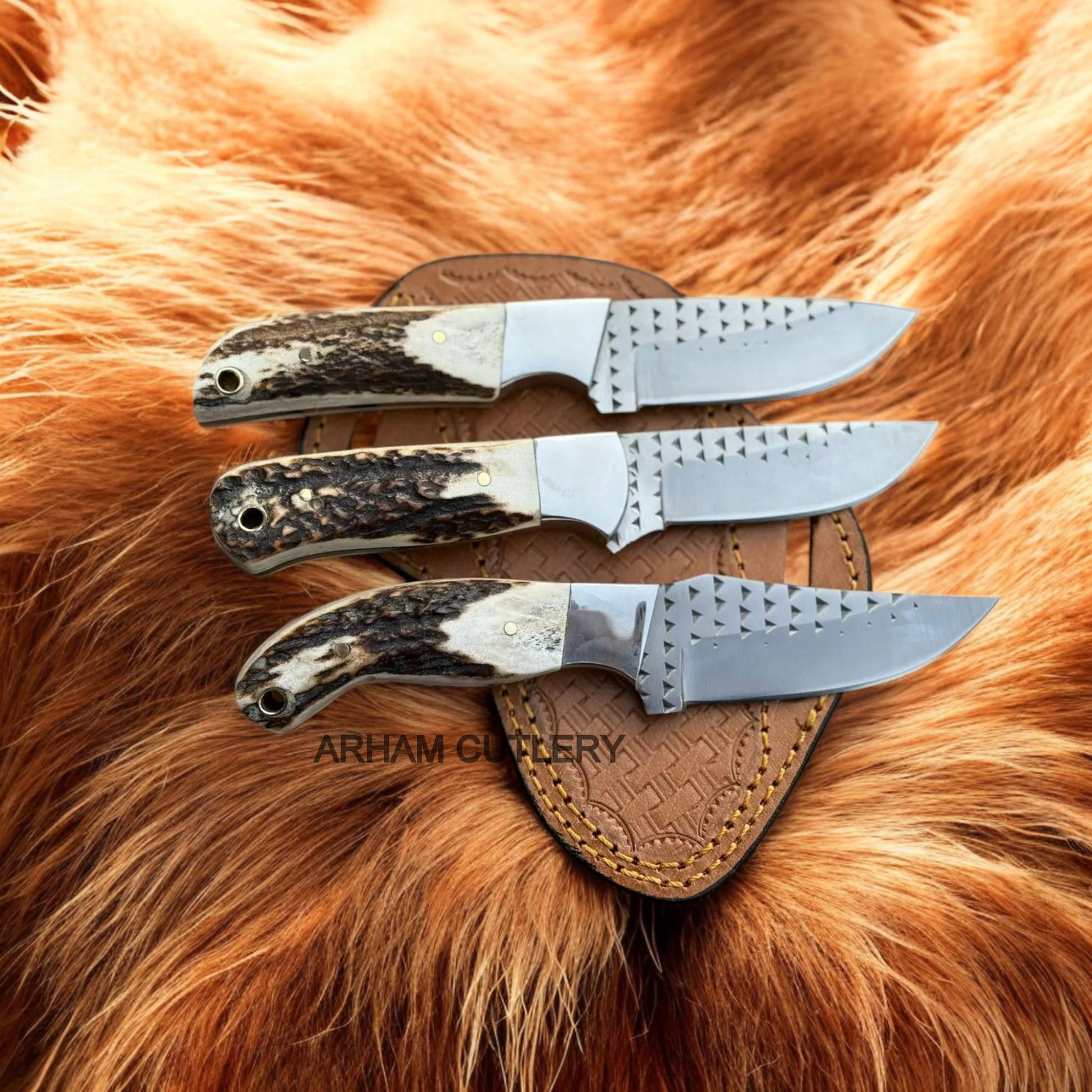 Lot of three Handmade Farrier Rasp File Stag Horn Fixed Blade Knife