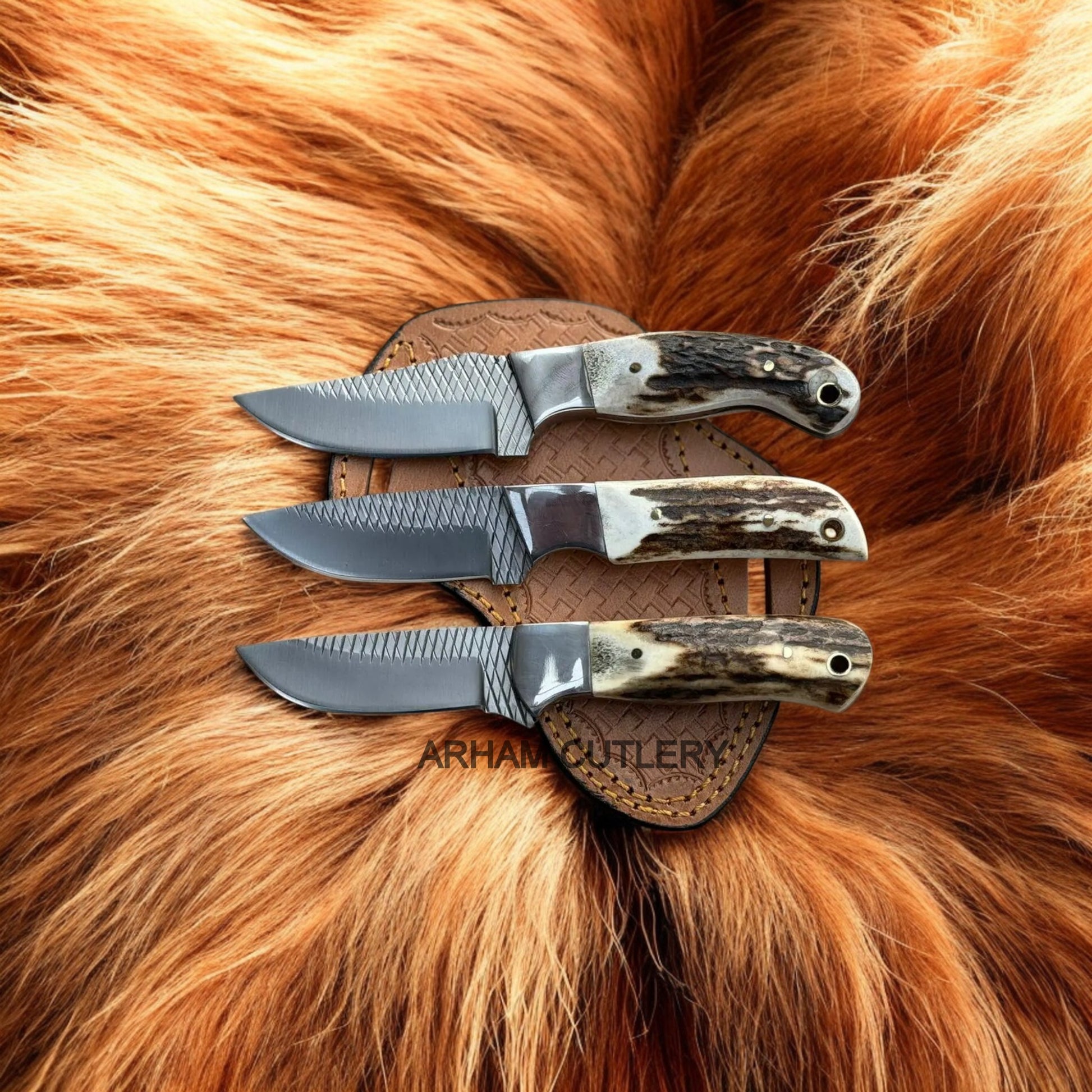 Lot of three Handmade Farrier Rasp File Stag Horn Fixed Blade Knife