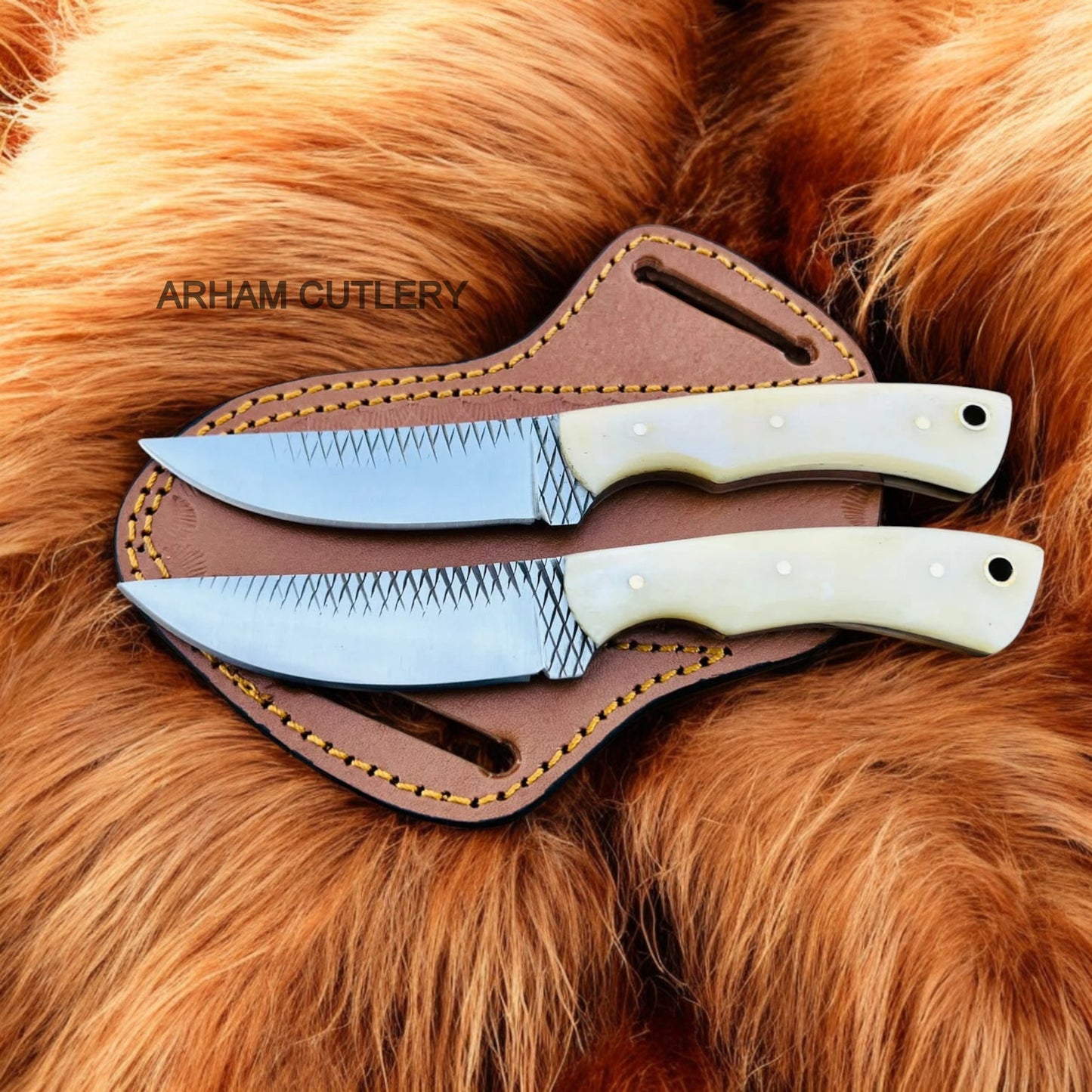 Pair Of Camel Bone Fixed Blade Skinning With Leather Sheath