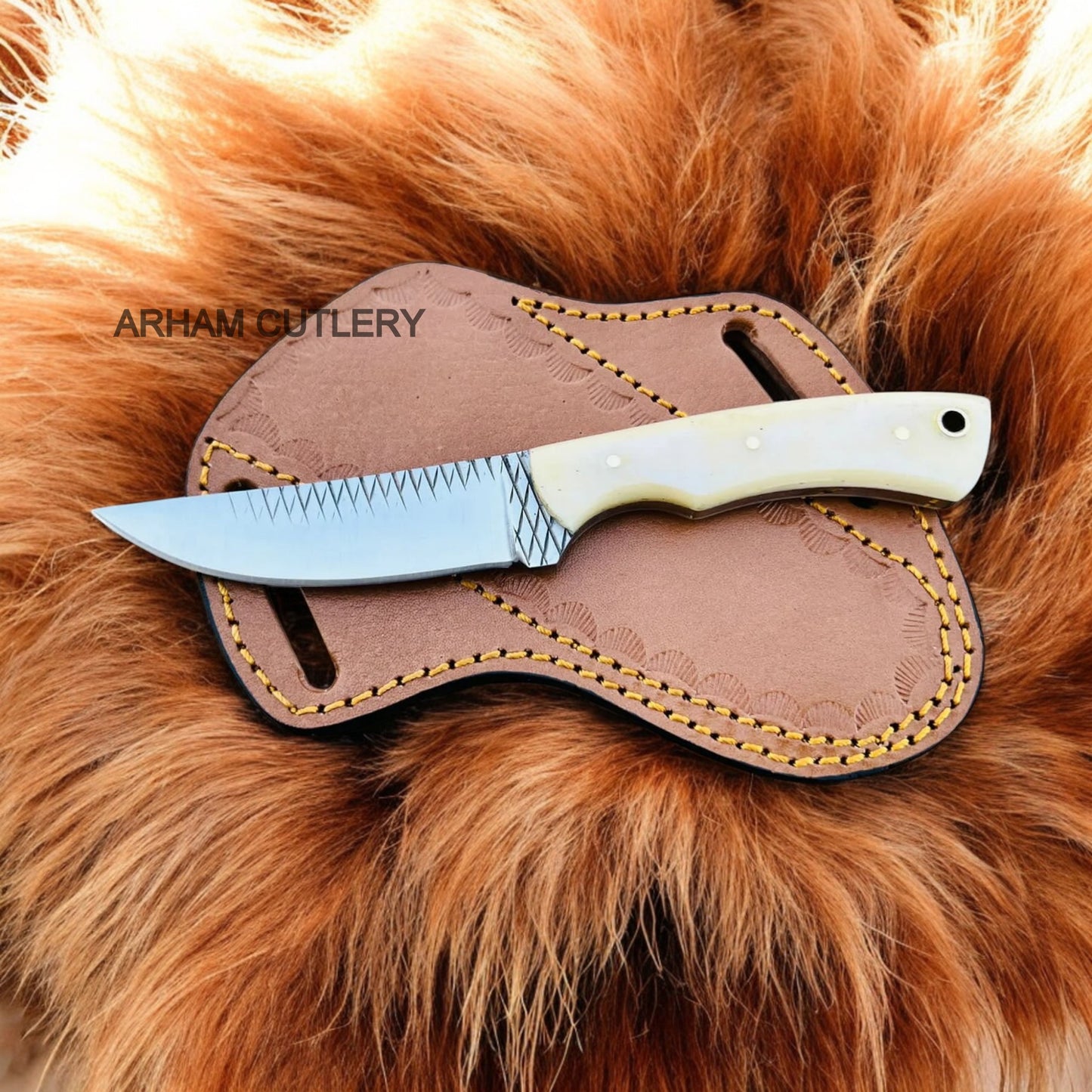 Pair Of Camel Bone Fixed Blade Skinning With Leather Sheath
