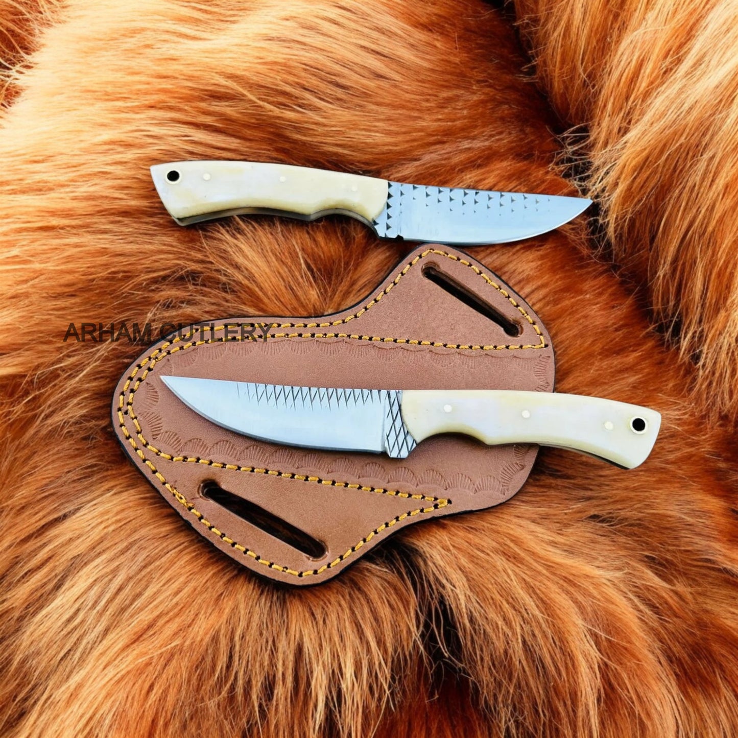 Pair Of Camel Bone Fixed Blade Skinning With Leather Sheath
