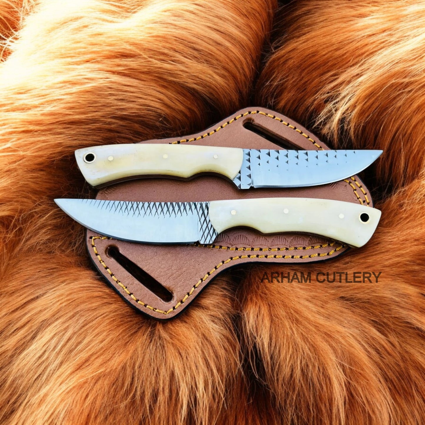 Pair Of Camel Bone Fixed Blade Skinning With Leather Sheath