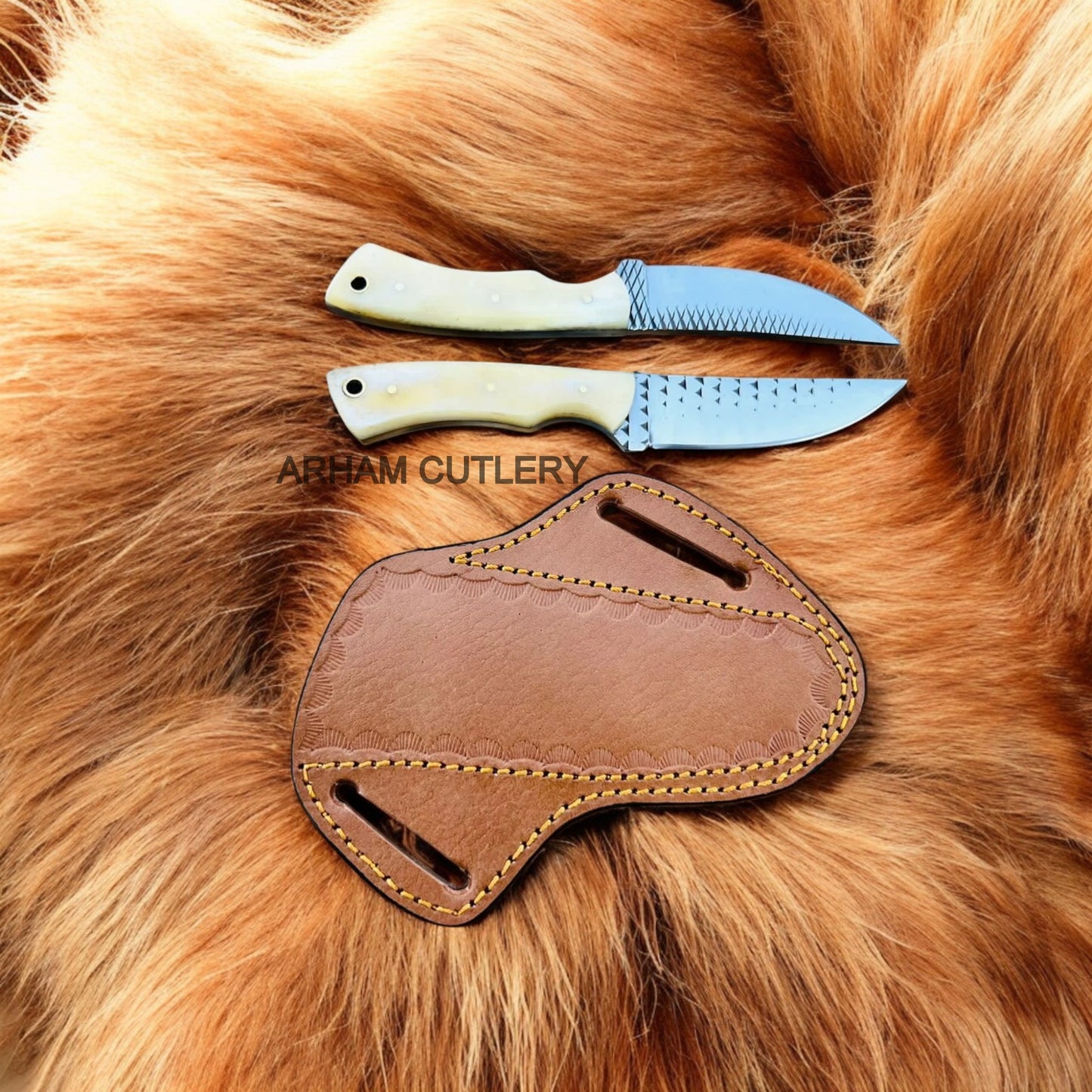 Pair Of Camel Bone Fixed Blade Skinning With Leather Sheath