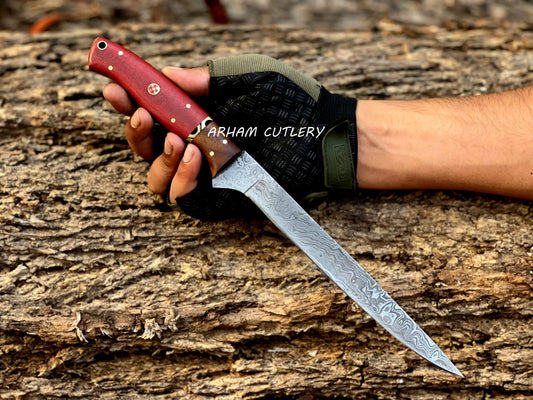 Redthorn Damascus Fillet Knife – Rosewood Handle & Leather Sheath | Arham Cutlery