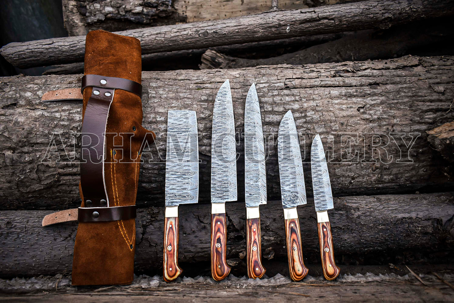 Hand Forged Damascus Steel Kitchen Knife Chef Set With Leather Roll Kit