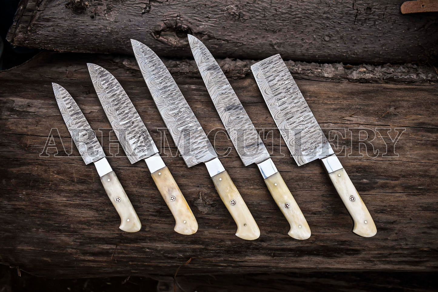 Handmade Damascus Steel Camel Bone Kitchen Knife Chef Set