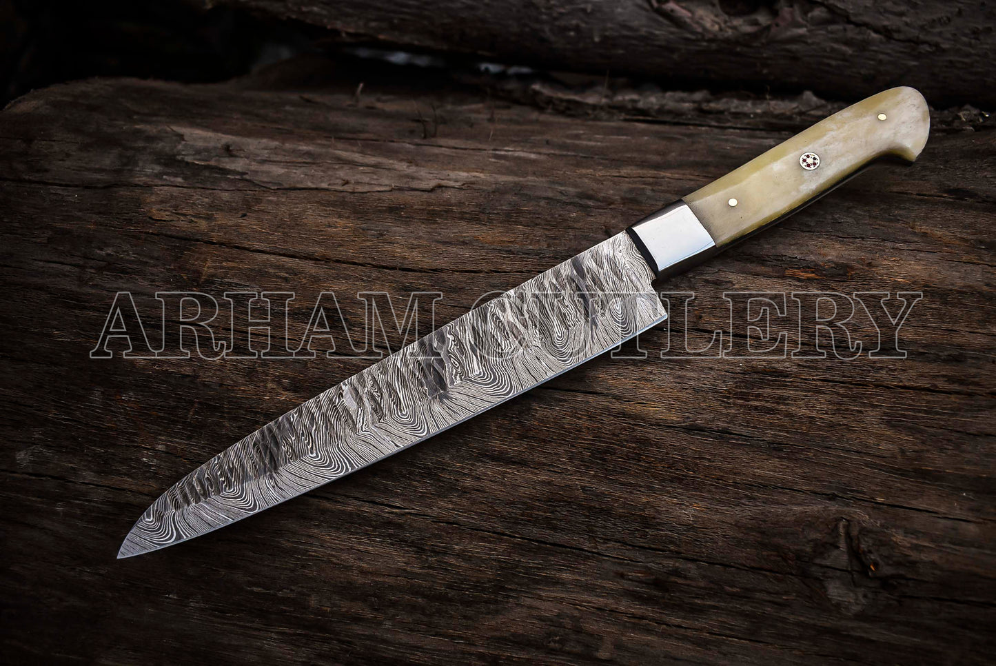 Handmade Damascus Steel Camel Bone Kitchen Knife Chef Set