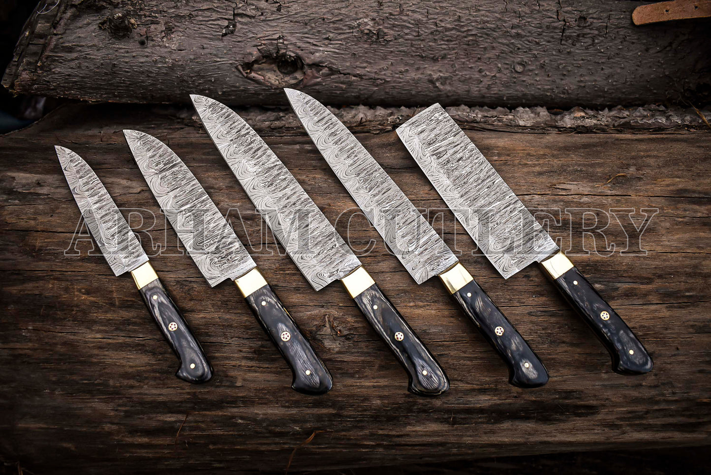 Damascus Steel 5 Pcs Kitchen Knife Chef Set With Leather Roll Kit