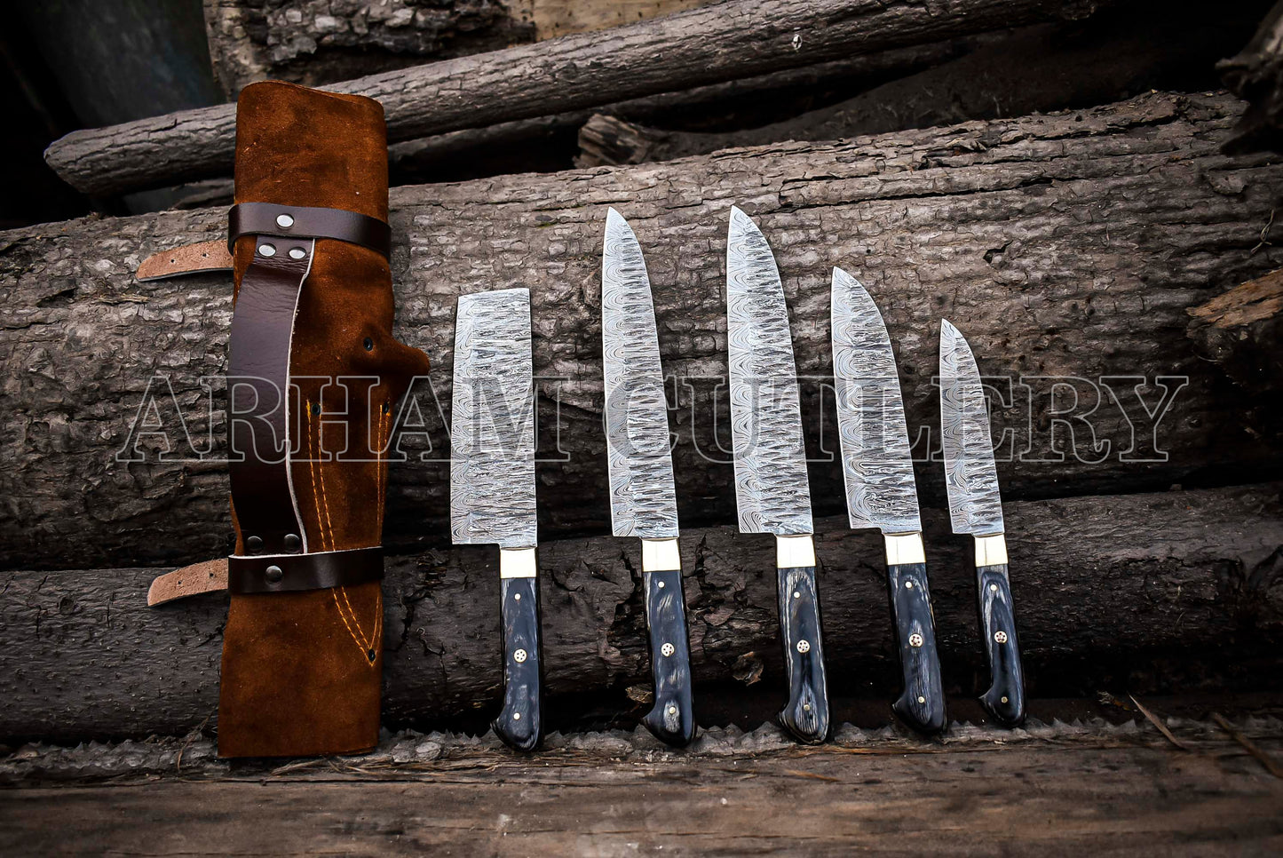 Damascus Steel 5 Pcs Kitchen Knife Chef Set With Leather Roll Kit Arham Cutlery
