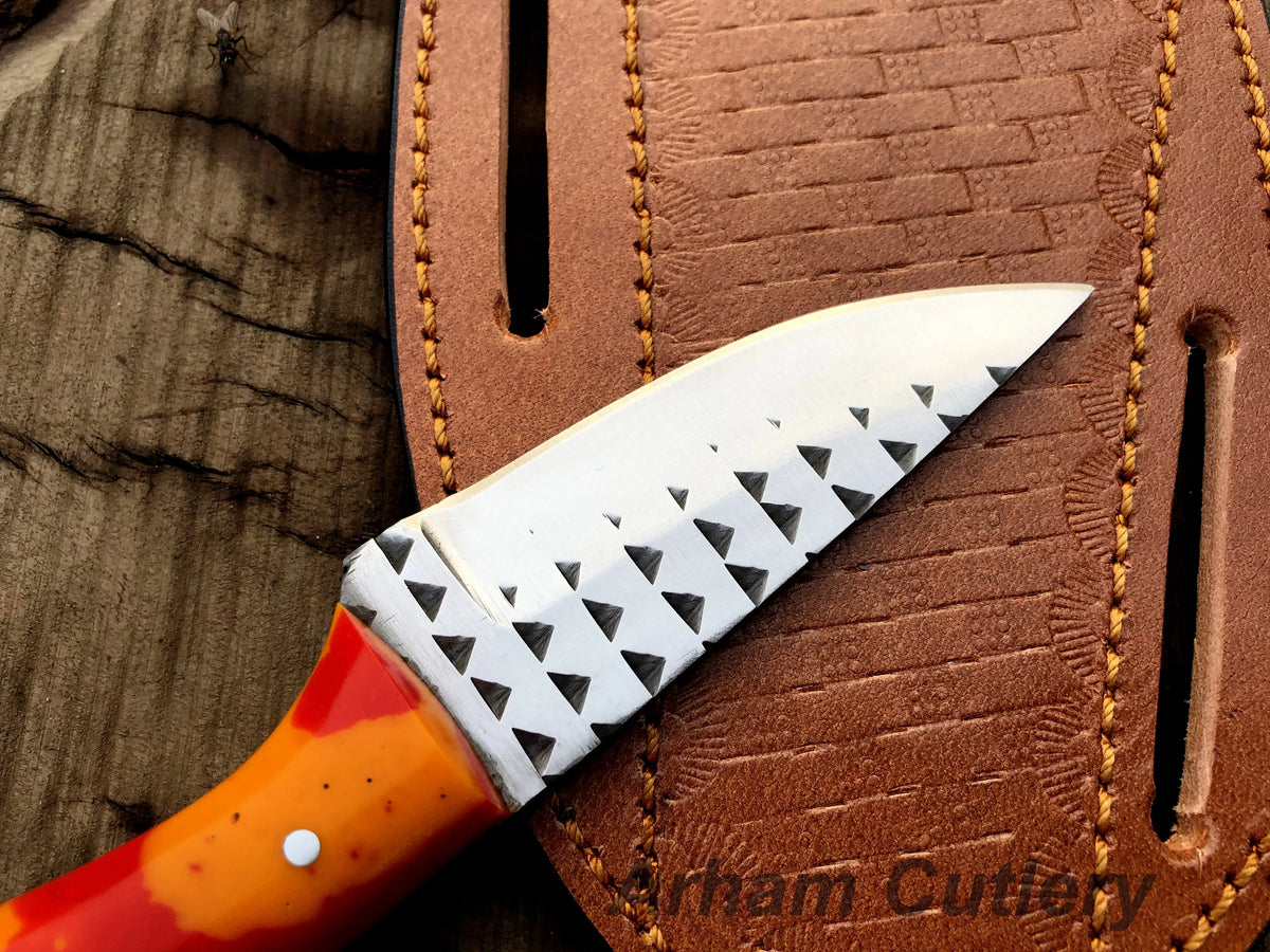 Custom Hand Forged Ferrier Rasp File Skinning Knife With Cross Draw Leather Sheath , Arham Cutlery - Arham Cutlery