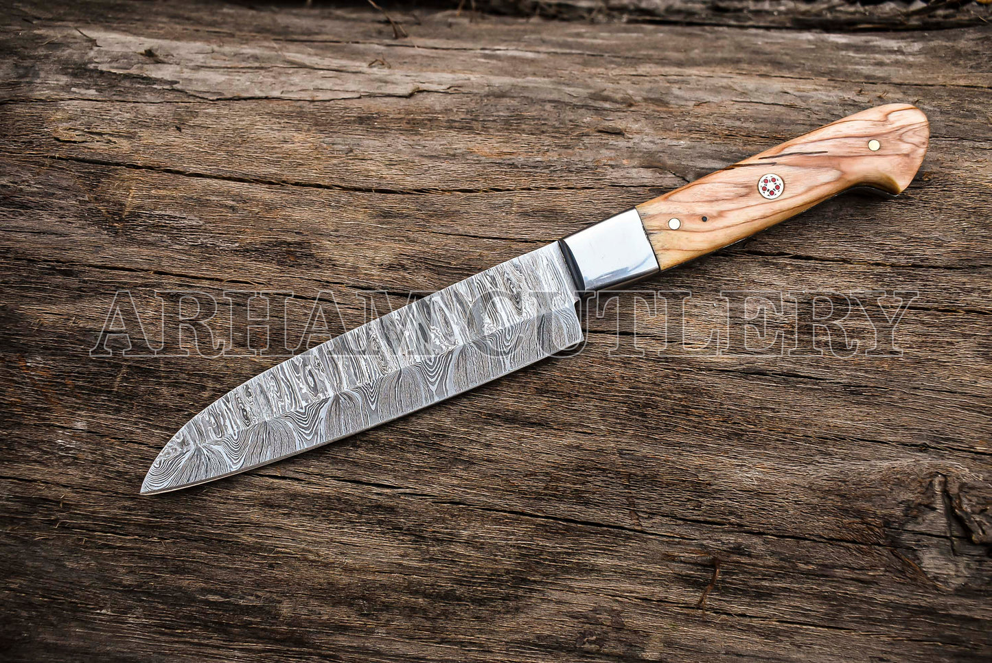 Handmade Kitchen Knife Set , Damascus Steel 5 PCS Hand Forged Chef Knife Set With Leather Roll Kit