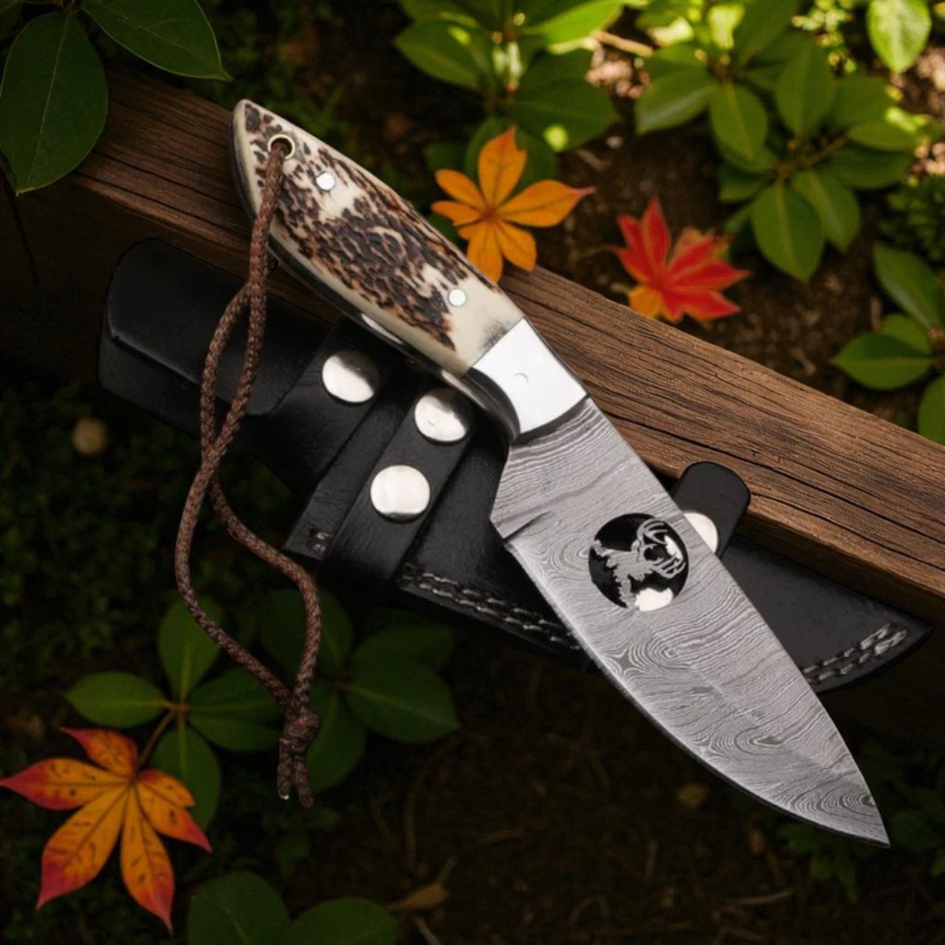 Handmade Damascus steel skinning knife with stag horn handle and black leather sheath – Arham Cutlery.