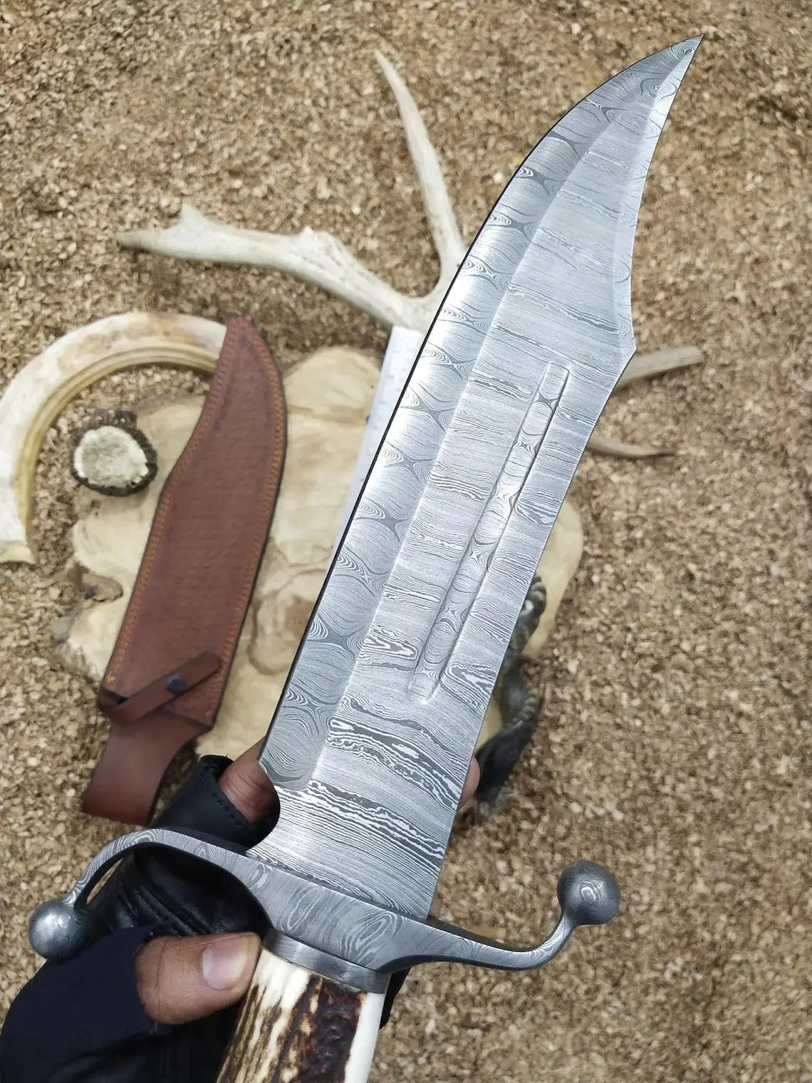 Custom Handmade Bowie Knife with Twisted Damascus Steel Blade and Antler Horn Handle - 15 Inches - Arham Cutlery
