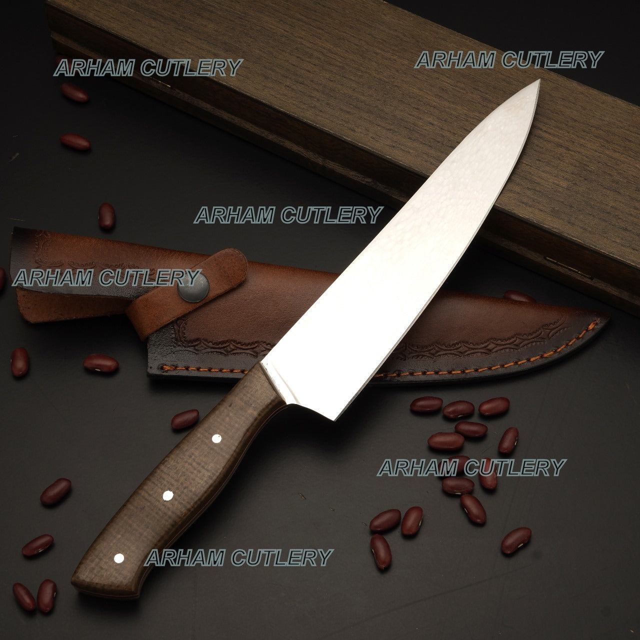 Custom Hand Made D2 Steel High Polish Kitchen Knife With Leather Sheath