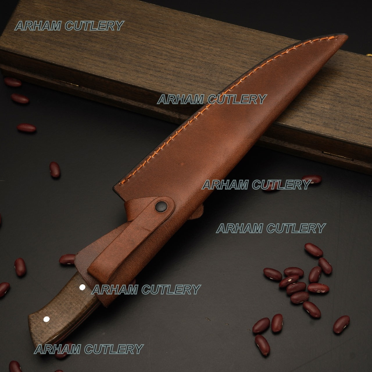 Custom Hand Made D2 Steel High Polish Kitchen Knife With Leather Sheath