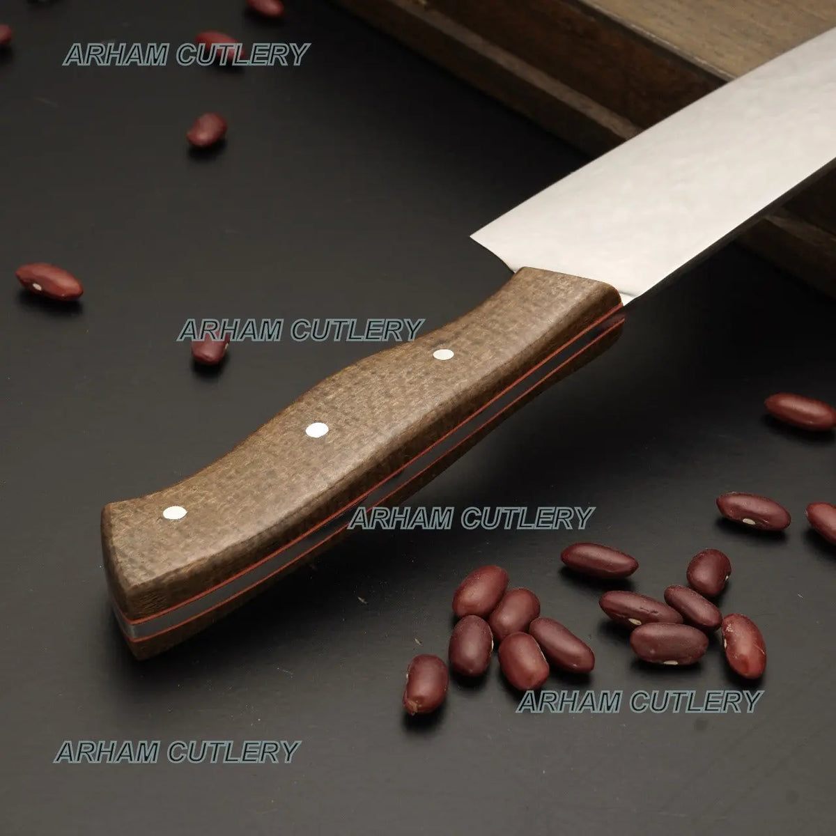 Custom Hand Made D2 Steel High Polish Kitchen Knife With Leather Sheath