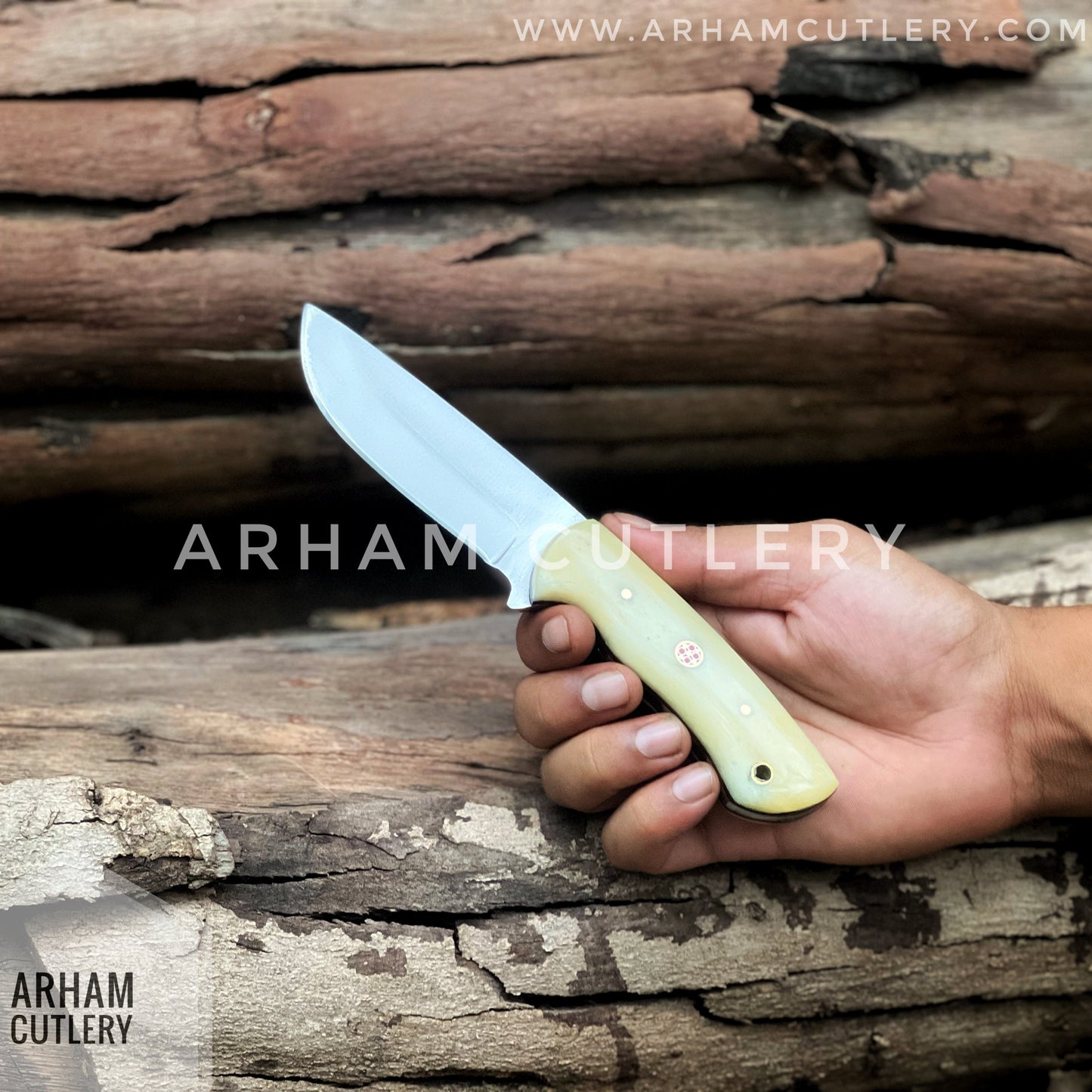 Winter's Wrath Handmade D2 Steel 9" Handmade Fixed Blade With Cowhide Leather Sheath , Camel Bone Knife , Best Gift For Hunter Arham Cutlery