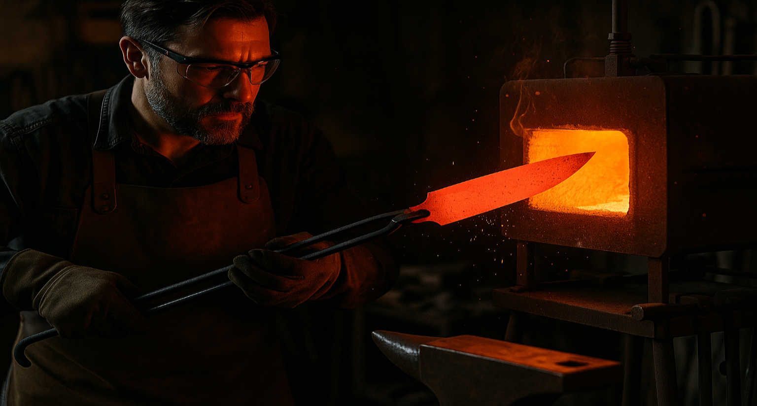 A man putting out a hot red knife blank blade from temper Owen