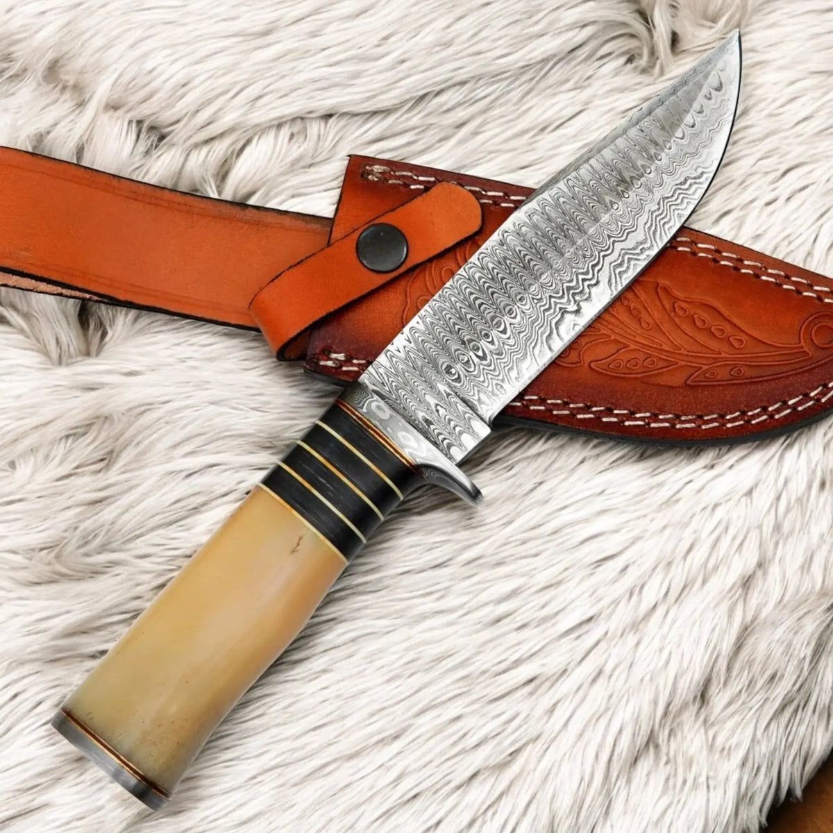 11″ Handmade Damascus Steel Knife – Bone Handle Fixed Blade with Brass Guard & Leather Sheath - Arham Cutlery