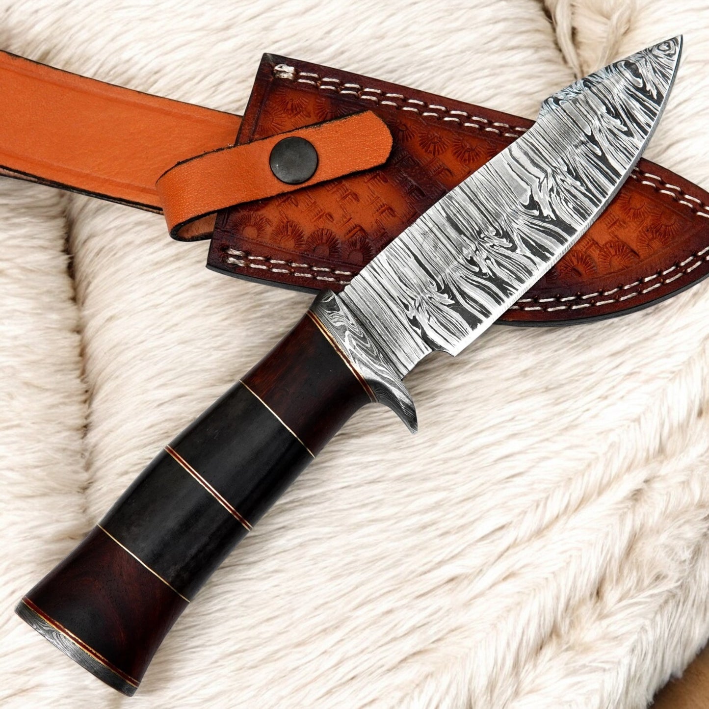 11” Custom Handmade Damascus Steel Knife with Buffalo Horn Handle & Leather Sheath | Arham Cutlery