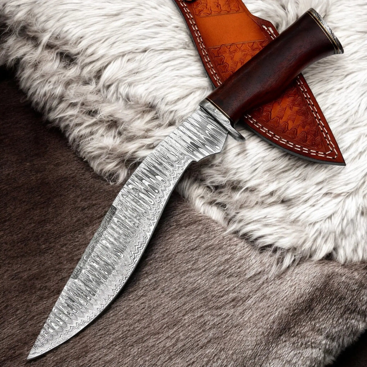 15” Custom Handmade Damascus Kukri Knife with Wood Handle & Leather Sheath | Arham Cutlery - Arham Cutlery