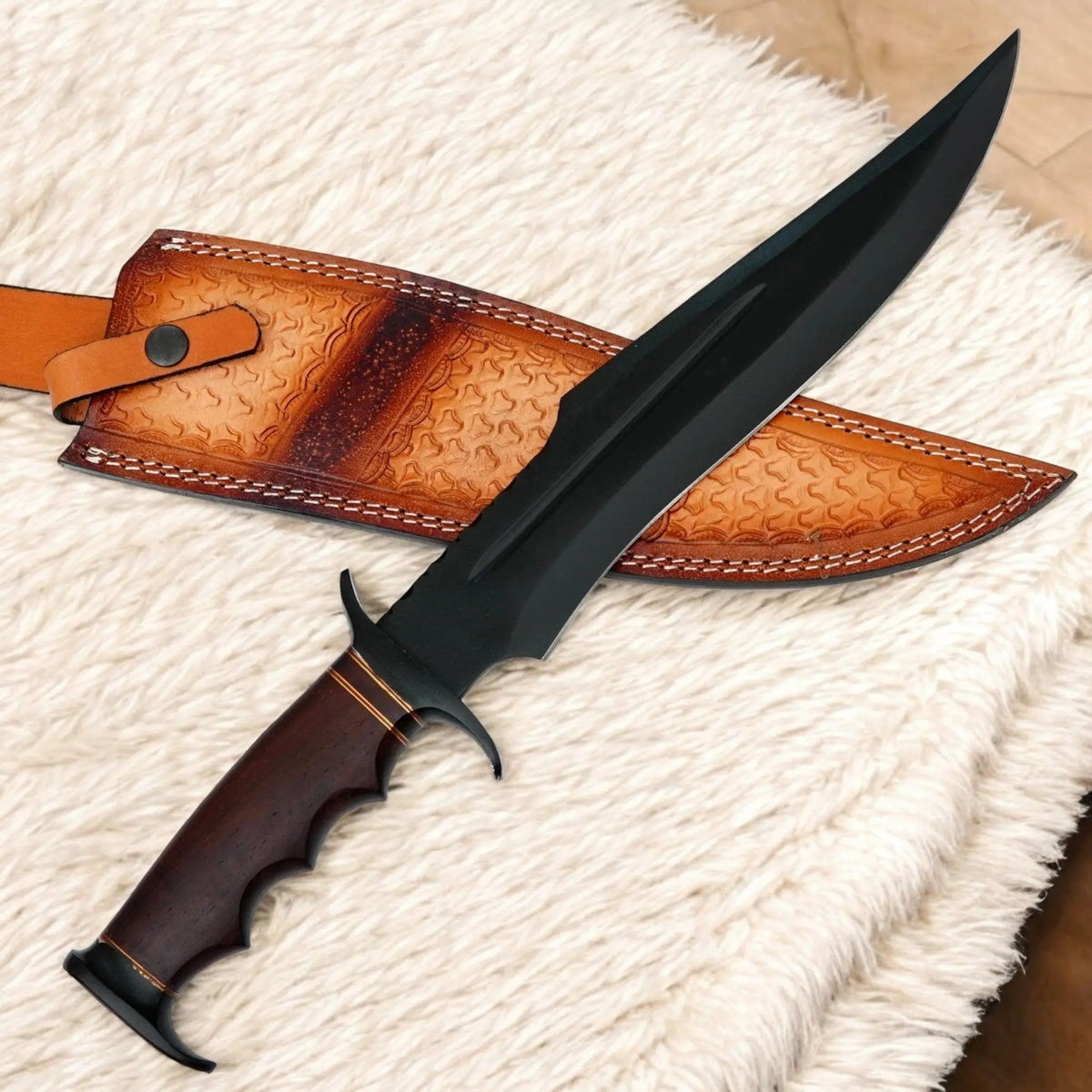 17.5” Custom Handmade D2 Steel Bowie Knife with Wood Handle & Leather Sheath | Arham Cutlery - Arham Cutlery