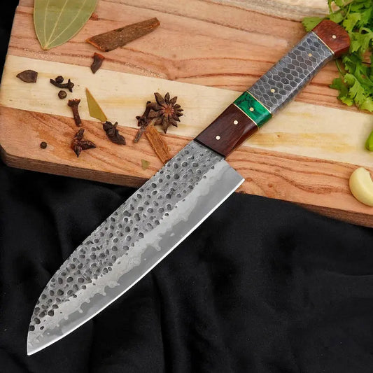 Custom Damascus Kitchen Knife | 7” 440C Stainless Steel Chef Knife with Honeycomb Resin & Malachite Handle Arham Cutlery