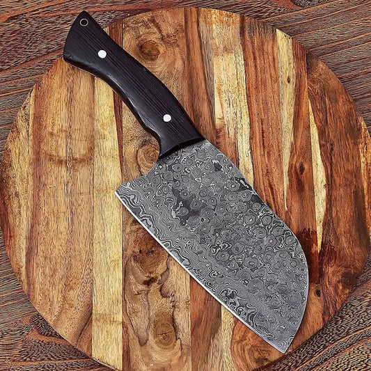 Custom Forged Damascus Serbian Chef Cleaver with Wenge Wood Handle & Leather Sheath | Handmade Butcher Chopper Knife Arham Cutlery