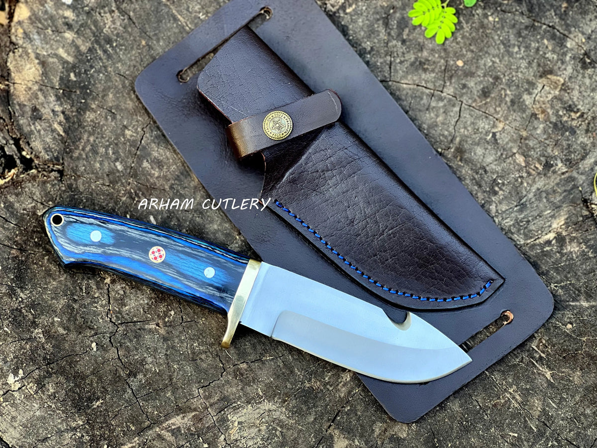 ARHAM CUTLERY D2 stainless steel gut hook hunting knife with blue pakkawood handle and handmade leather sheath