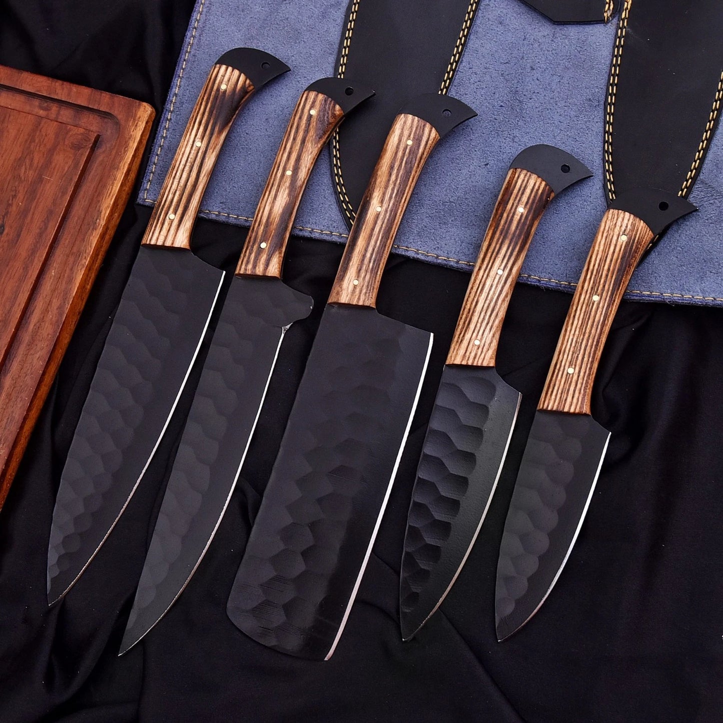 Handmade D2 Steel Hammered 5-Piece Chef Knife Set with Ash Wood Handles & Leather Carry Bag | Arham Cutlery