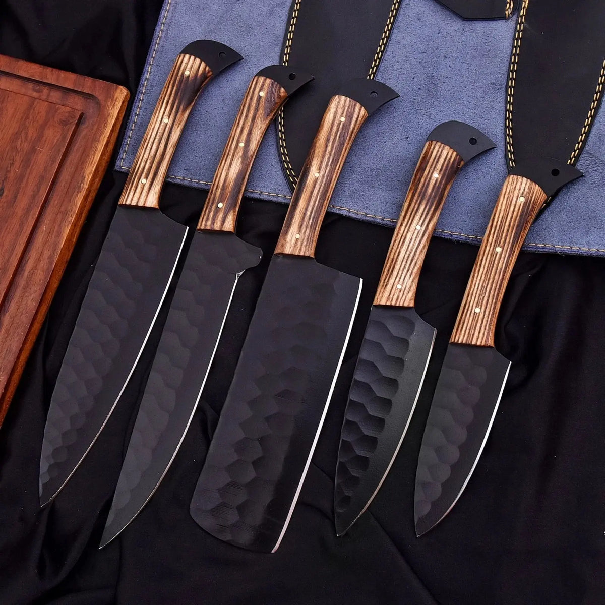 Handmade D2 Steel Hammered 5-Piece Chef Knife Set with Ash Wood Handles & Leather Carry Bag | Arham Cutlery - Arham Cutlery