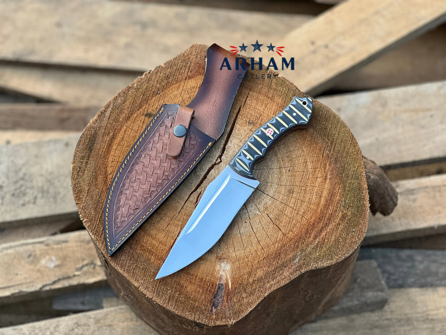Handmade 11" D2 Steel Hunting Knife – Micarta Handle & Leather Sheath - Arham Cutlery