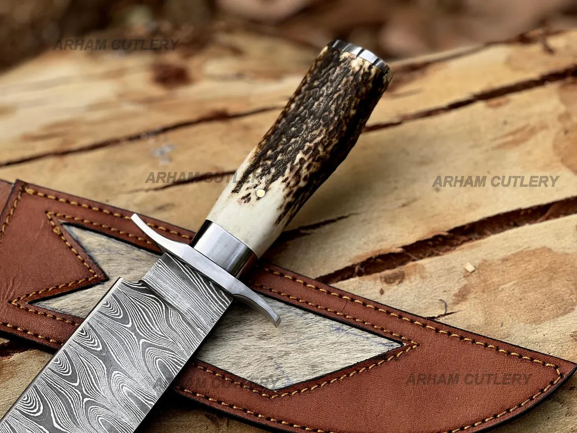 Arham Cutlery handmade 15-inch Damascus steel Bowie knife with stag horn handle and leather sheath