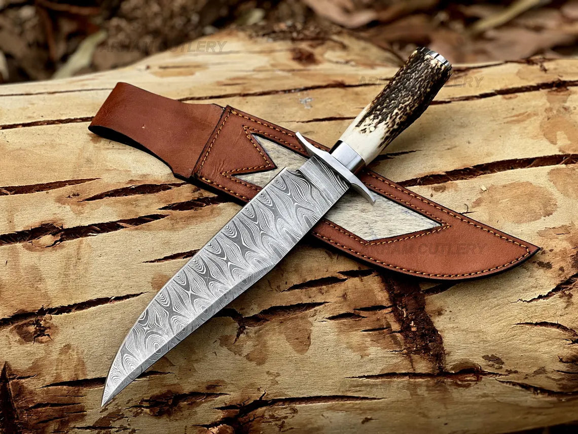 Arham Cutlery handmade 15-inch Damascus steel Bowie knife with stag horn handle and leather sheath